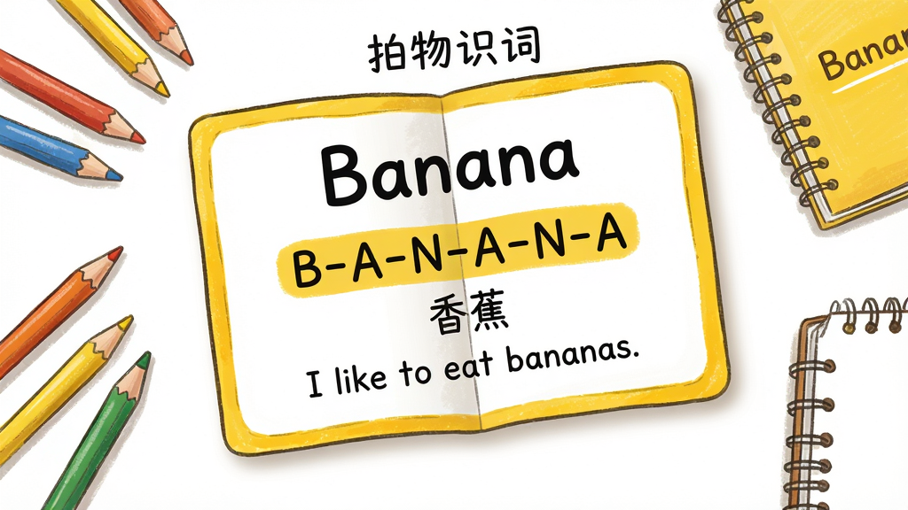 ����������һ��չ����Ӣ�ﵥ��ѧϰ��Ƭ����Ƭ��д�ŵ��ʡ�Banana�����·�����ĸƴд���B-A-N-A-N-A���������塰�㽶�������䡰I like to eat bananas.�������ֲ��ÿ�Ƭ����չʾ����Χ�в�ɫǦ�ʺͱʼǱ���׺���Ű��������������Ϊ�ֻ�����廭�磬ϸ�ڰ�����͵���Ӱ�������Ļ�ɫ�������ʸ��壬����ɾ����޶���Ԫ�أ�ͼƬ������Ϊ������ʶ�ʡ��͡�Banana����