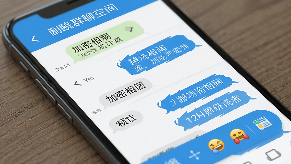 海鸥群聊空间 功能界面展示 手机屏幕 聊天话术列表 加密相册入口 表情编辑工具栏 清新蓝色调 扁平化设计 干净整洁 高清画质