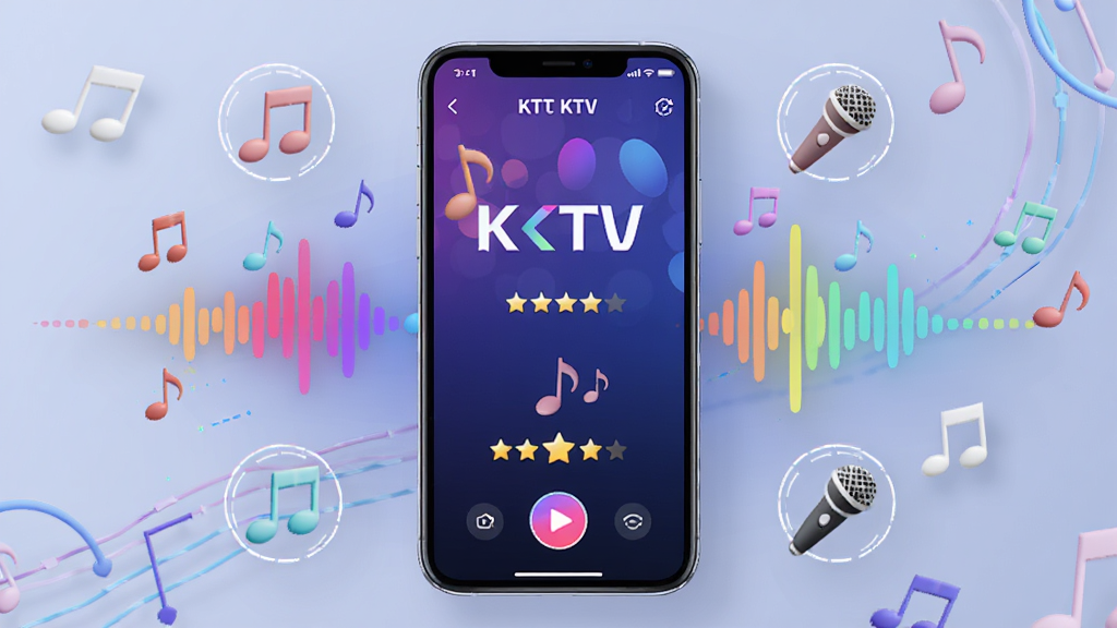 全民天天唱KTV软件界面展示,主体为手机屏幕中显示KTV唱歌界面,布局为居中放置手机,周围环绕音符和麦克风图标,排版简洁,风格为现代科技感,细节包括彩色音波和评分星星,画质清晰,干净,无多余元素