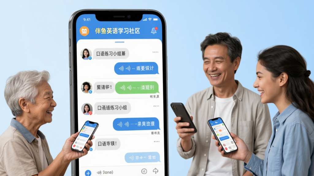 伴鱼英语学习社区界面,画面以手机屏幕为主体,屏幕内展示多个口语练习小组的聊天列表和语音消息气泡,屏幕外有几位不同年龄的用户拿着手机微笑交流,背景为柔和的浅蓝色渐变,风格现代明快,细节干净,画质高清