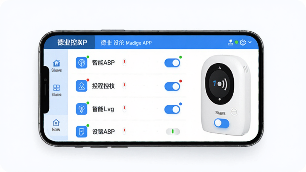 ��ҵ����APPԶ�̿��ƽ���չʾ���ֻ���Ļ��ʾ�豸�б��Ϳ��ذ�ť������Ϊ�ֻ��������豸�����־��У��Ű��࣬����ִ��Ƽ��У�ϸ�ڰ�����ɫ��ͼ���״ָ̬ʾ�����ʸ��壬�ɾ����޶���Ԫ��