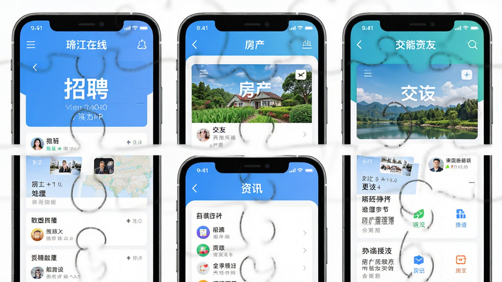 綦江在线APP功能界面拼图,主体为多部手机屏幕展示不同功能页面,布局为两行三列排列,排版整齐,风格清新明亮,细节包含招聘、房产、交友、资讯等模块的界面截图,画质清晰,干净,无多余元素