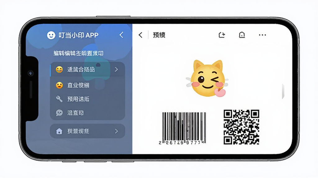 叮当小印APP界面展示,主体为手机屏幕中显示标签编辑页面,布局为左侧功能栏右侧预览区,排版整齐,风格简约清新,细节包含文字、表情、条形码、二维码等元素,画质清晰,干净,无多余元素