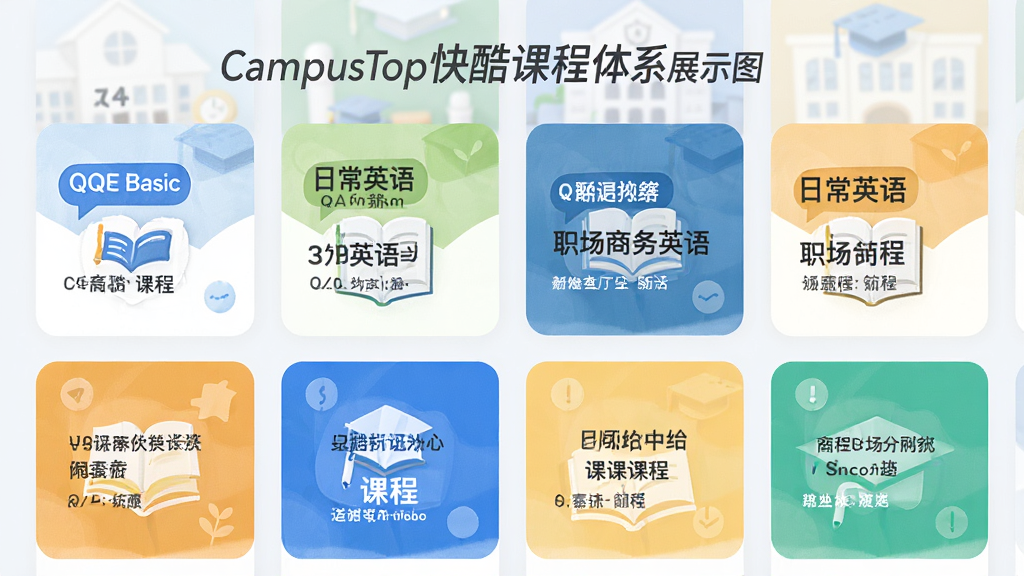 CampusTop���γ���ϵչʾͼ������Ϊ����γ̿�Ƭ����չʾ�����ֲ�������״�Ű棬������¼�Լ��ϸ�ڰ���QQE Basic���ճ�Ӣ�ְ������Ӣ��ȿγ����Ʊ�ǩ�����ʸ���ɾ��޶���Ԫ��