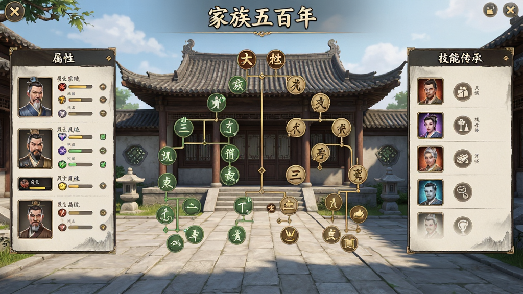 �����������Ϸ���棬��������չʾ������ϵ������������ֱ��ǽ�ɫ�������ͼ��ܴ��н��棬����Ϊ�ŷ�ͥԺ���������������ֶԳƣ��Ű����࣬�й��ŷ�дʵ���ϸ�ڷḻ�����ʸ��壬�ɾ��޶���Ԫ��