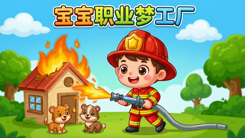 宝宝职业梦工厂游戏界面中,一个可爱的卡通小男孩穿着消防员制服,手持水管正在扑灭一栋小房子上的火焰,旁边有被救出的小动物,背景是蓝天白云和绿树,画面色彩鲜艳明快,卡通Q版风格,布局居中,细节丰富,画质高清,干净整洁,无多余元素,图片上方有文字“宝宝职业梦工厂”