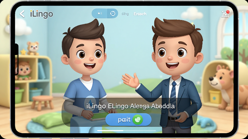 iLingo English ��������չʾ��һ����ͨ��������� Alex �����뺢�ӽ��������Ի�����Ļ������Ӣ������Ļ�ͷ�����ť�������������Ķ�ͯѧϰ��������������������׺ͣ����ʸɾ����޶���Ԫ��