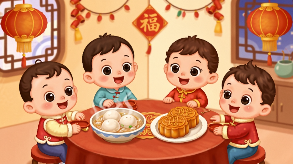 中华节日应用内制作汤圆和月饼的卡通画面,宝宝巴士角色围坐桌旁,节日氛围浓厚,色彩温暖,细节丰富,干净无多余元素