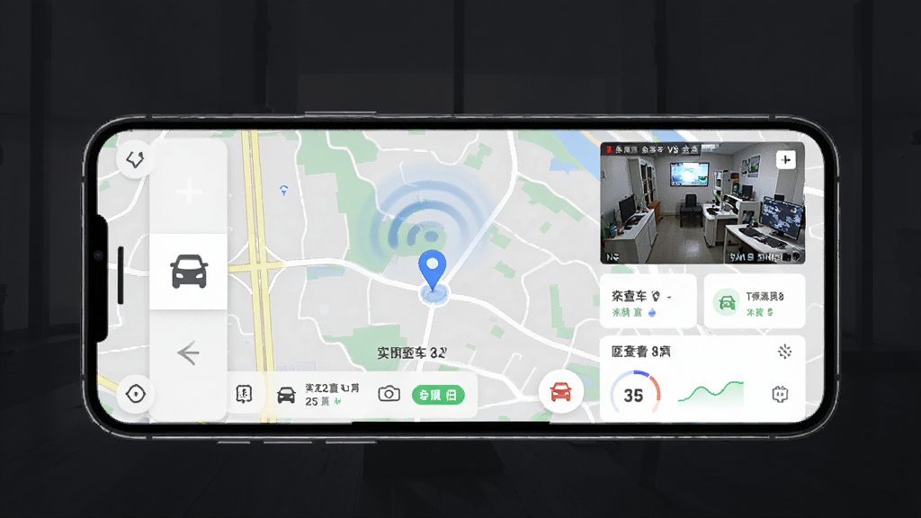 �ֻ��鳵V8Ӧ�ý���չʾ������λ�÷����ֻ���Ļ����Ļ����ʾ����ʵʱλ�õ�ͼ����Ƶ���С���ڣ����ּ�࣬�Ű����������Ƽ�����ϸ�ڰ�������ͼ�ꡢ�źŲ��ơ�������壬���ʸ��壬�ɾ����޶���Ԫ��