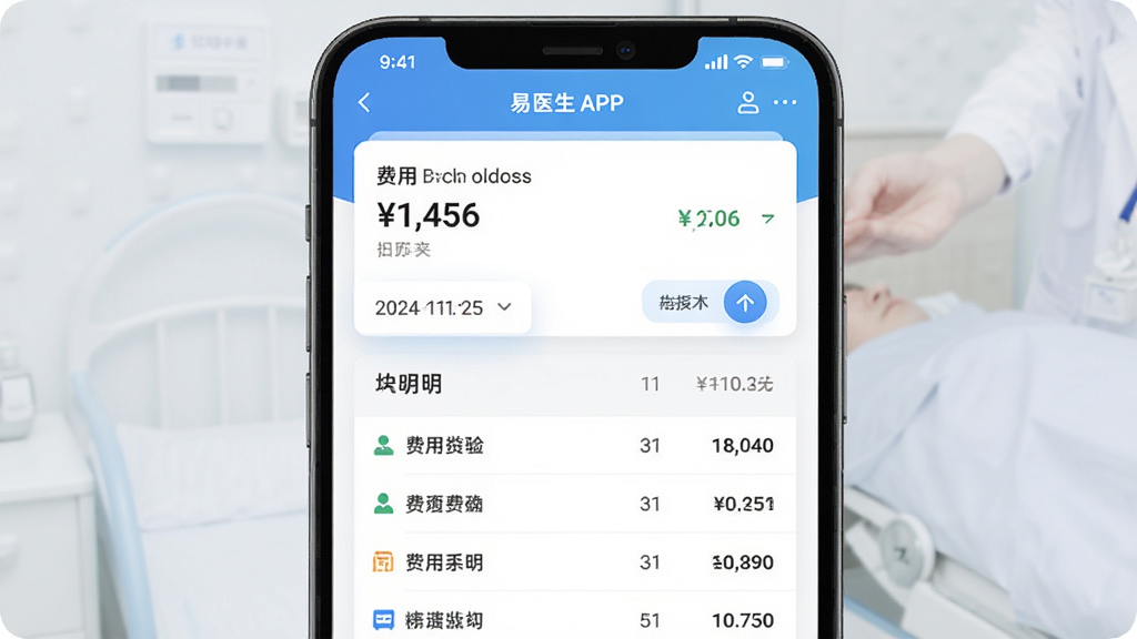 ��ҽ��APPסԺ���ò�ѯ���棬����Ϊ�ֻ���Ļ��ʾ�����嵥�б��ͻ���ͼ��������Ϊ���½ṹ�Ϸ����ܿ�Ƭ�·���ϸ�б����Ű����룬���Ϊ���ҽ������磬ϸ�ڰ�������ɸѡ����������֡��嵥��Ŀ�����ʸ���ɾ��޶���Ԫ��