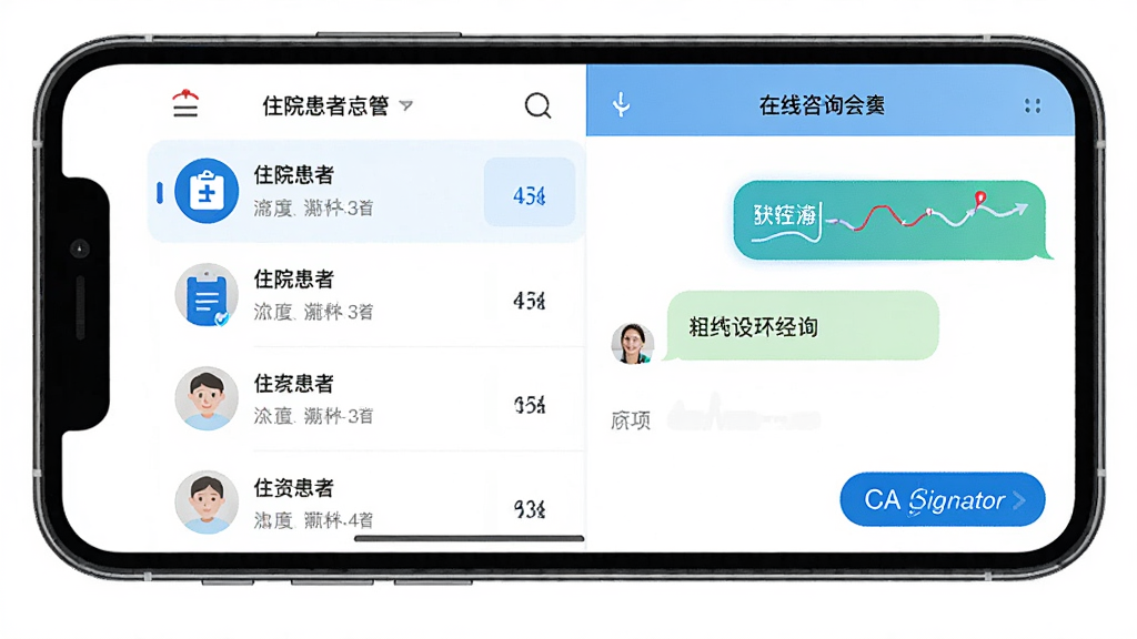 ��ҽ��APP����չʾ������Ϊ�ֻ���Ļ��ʾסԺ�����б���������ѯ�Ự���ڣ�����Ϊ���ҷ�����໼���б��Ҳ�������棬�Ű��������࣬���Ϊ�ִ�ҽ�ƿƼ��磬ϸ�ڰ�������ͼ�ꡢ���µ����ߡ�CAǩ����ť�����ʸ���ɾ��޶���Ԫ��