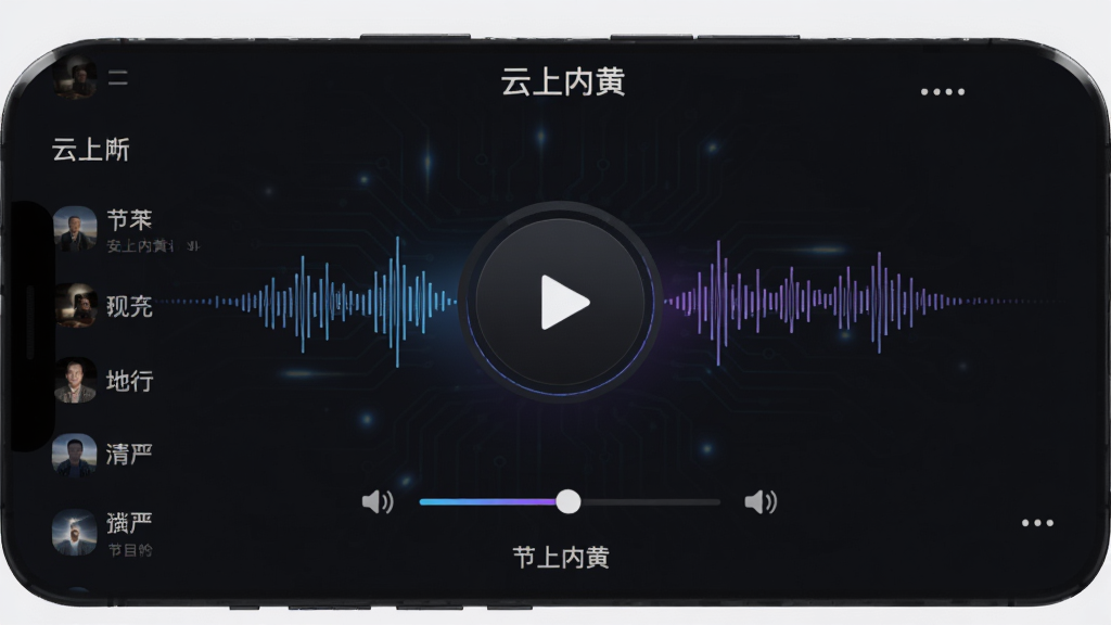 �ֻ�Ӧ�ý���չʾ�㲥����ҳ�棬����ΪԲ�β��Ű�ť���������ӻ�ͼ�Σ����־������У��Ű��࣬���Ϊ��ɫϵ�Ƽ�����ƣ�ϸ�ڰ���Ƶ���б�����������������Ŀ���ƣ����ʸ��壬�ɾ����޶���Ԫ�أ�������������ʾ�������ڻơ�