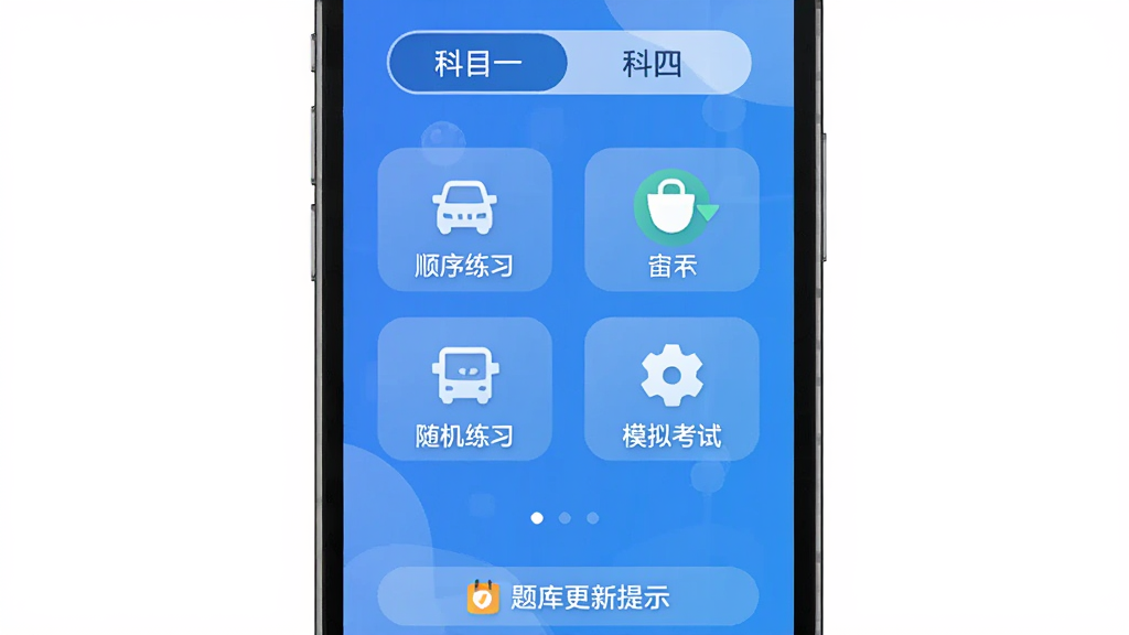 �ֻ���Ļ��ʾ�޵мݿ�Ӧ�ý��棬��ɫ���䱳���������п�Ŀһ��Ŀ�ı�ǩ���м�������˳����ϰ�������ϰ��ģ�⿼�Եȹ��ܰ�ťͼ�꣬�ײ�����������ʾ����ƽ����Ʒ�񣬻���ɾ����࣬���廭��