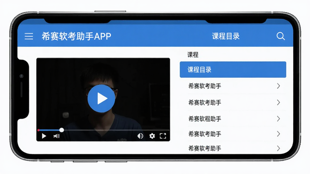 ϣ����������APP���ֻ��ϵĿγ�ѧϰҳ�棬չʾ��Ƶ�������Ϳγ�Ŀ¼�б�����ɫ�Ͱ�ɫ�������ˬ���棬��ƽ����Ʒ�񣬸��廭�ʣ�������Ԫ��