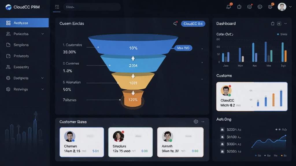 ������CloudCC CRM�������棬����Ϊ����չʾ����©��ͼ��ͻ���Ƭ���Ű�Ϊ��๦�ܲ˵��Ҳ����ݿ��壬���Ϊ�ִ�����Ƽ��磬ϸ�ڰ���ͼ��������ͼ���׺�����������ɾ��޶���Ԫ��