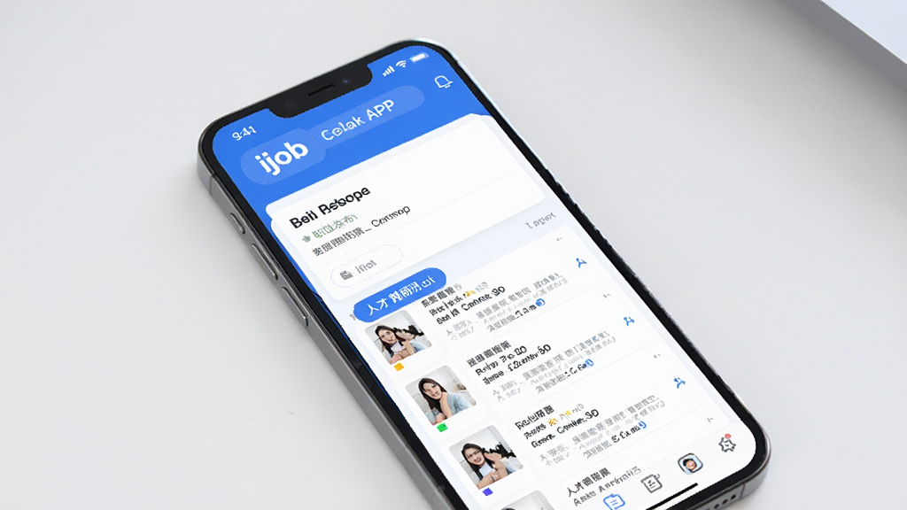 ijob��ҵ��APP��Ƹ����չʾ���ֻ���Ļ����ʾְλ����ҳ����˲ż����б�������ִ���UI��ƣ���ɫ��ɫ�����ɾ����������廭��