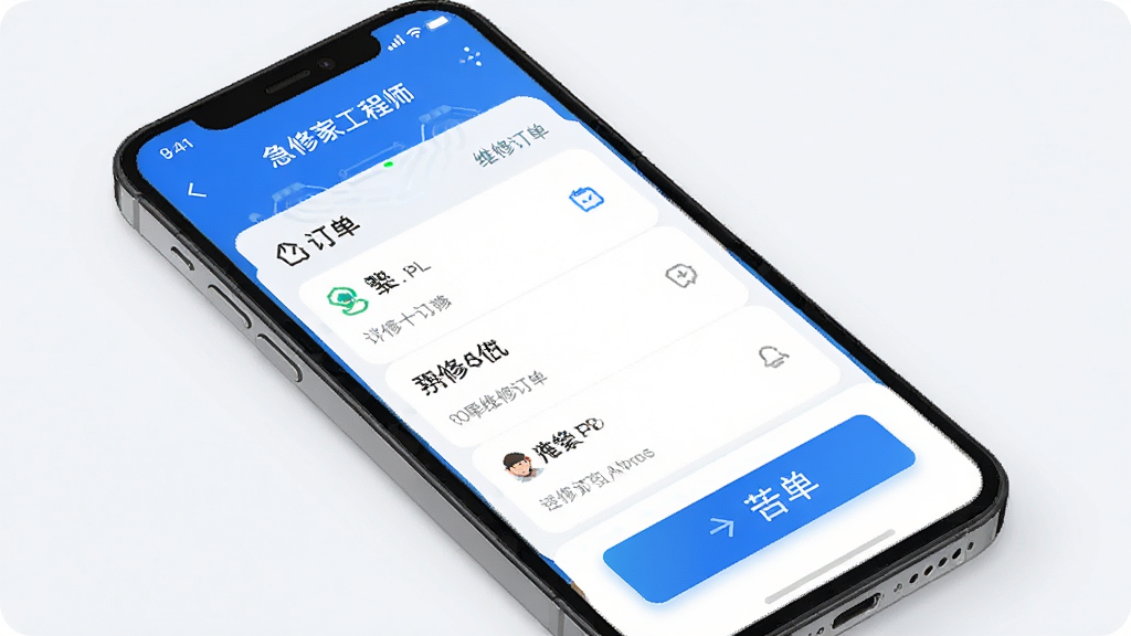 急修到家工程师版APP界面展示,手机屏幕中显示维修订单列表和抢单按钮,蓝色科技风格,简洁布局,高清画质,干净无多余元素