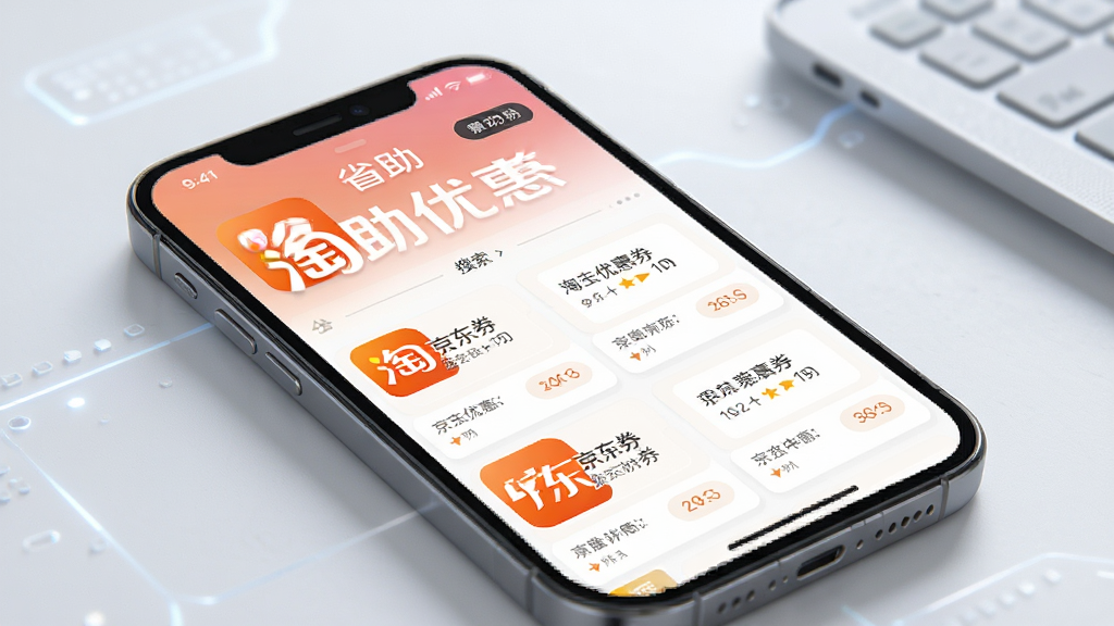 省助App隐藏优惠券搜索界面展示,手机屏幕中显示淘宝京东优惠券列表,主体清晰,布局简洁,排版整齐,风格现代科技感,细节精致,画质高清,干净,无多余元素