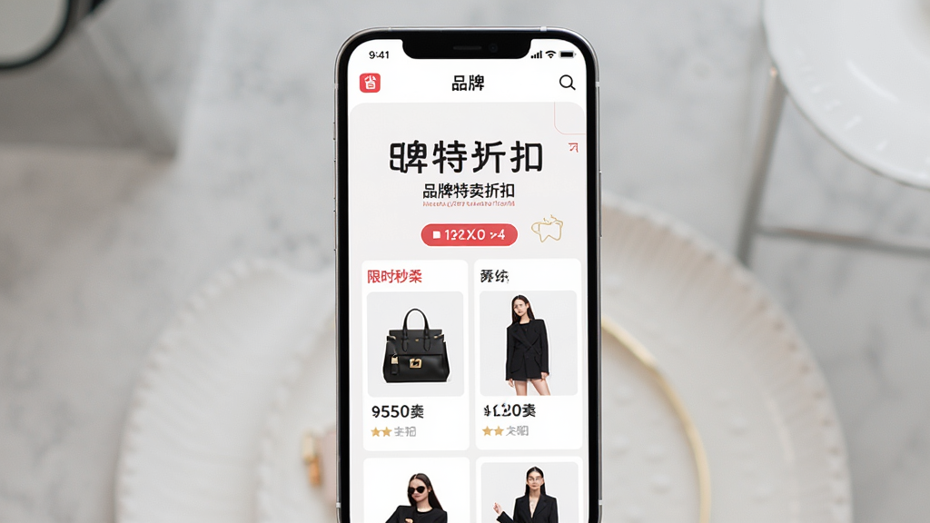 省助App品牌特卖折扣页面展示,手机屏幕中显示大牌商品限时秒杀,主体突出,布局清晰,排版美观,风格清新简约,细节丰富,画质高清,干净,无多余元素