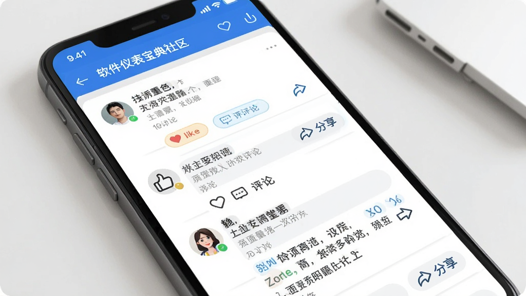 软件仪表宝典社区交流界面,主体为手机屏幕展示用户讨论帖与技术文章,布局为列表式,排版舒适,风格为社交互动感,细节包括点赞、评论、分享按钮,画质明亮,干净,无多余元素
