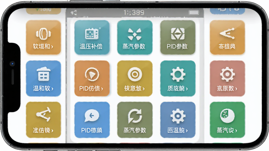 软件仪表宝典在线工具界面,主体为手机屏幕展示多个计算工具图标,布局为网格排列,排版整齐,风格为简约实用,细节包括温压补偿、PID仿真、蒸汽参数等工具按钮,画质清晰,干净,无多余元素