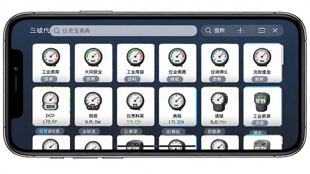 软件仪表宝典界面截图,主体为手机屏幕展示海量工业仪表资料库列表,布局为上下结构,排版清晰,风格为现代科技感,细节包括仪表图标、资料分类标签、搜索框,画质高清,干净,无多余元素