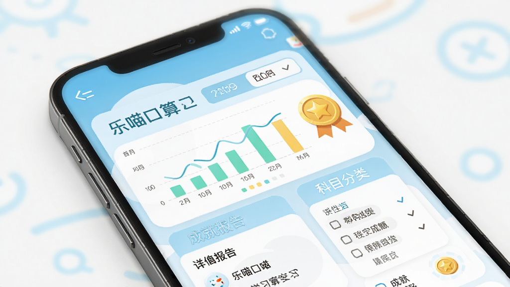 乐喵口算 学习报告与成就界面 主体为手机屏幕显示学习数据图表与金币成就徽章 布局为上方进度总结下方详细报告 排版整洁 风格清新明快 细节包括日期选择与科目分类 画质清晰 干净 无多余元素