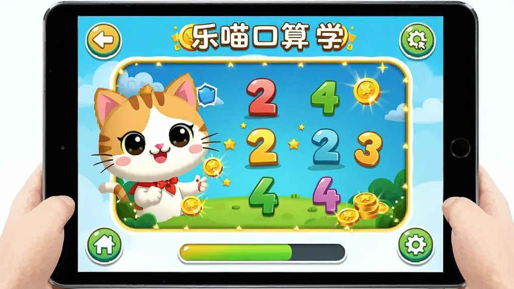 乐喵口算 游戏化学习界面 儿童在平板电脑上玩数字寻宝游戏 主体为卡通猫咪角色与数字元素 布局为中央游戏区域四周功能按钮 排版清晰 风格活泼可爱 细节包括金币奖励动画与进度条 画质高清 干净 无多余元素