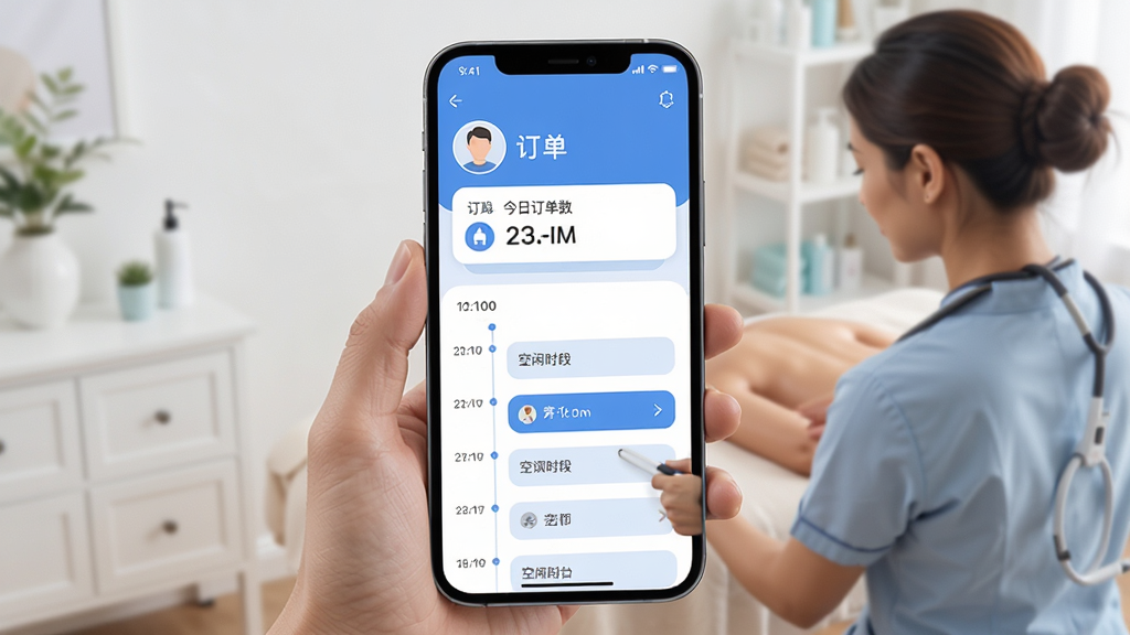 �ֻ���Ļ��ʾ�㵽����ʦAPP���棬����Ϊһλ��Ħʦ���ڲ鿴�����б�������Ϊ���·������Ϸ��Ǹ���ͷ��ͽ��ն��������·���ʱ����ʽ����ʱ�Σ��Ű������������Ϊ�ִ���ƽ����ƣ�ϸ�ڰ�����ɫ��ɫ����Բ�ǿ�Ƭ��ͼ���׺�����ʸ��壬�ɾ����޶���Ԫ��