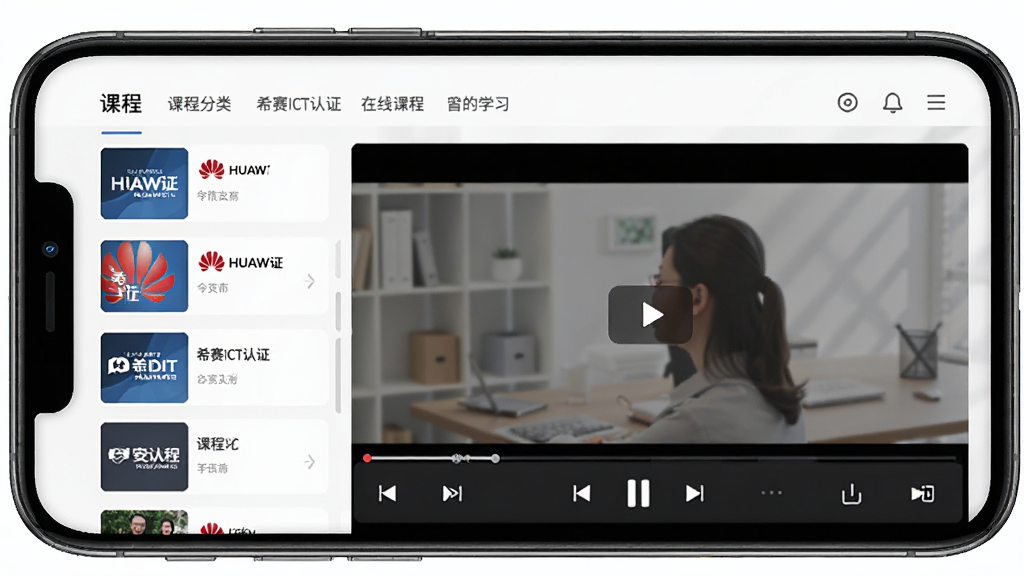 ϣ��ICT��֤���߿γ�ѧϰ���棬����Ϊ�ֻ���Ļչʾ�γ��б�����Ƶ����ҳ�棬����Ϊ�����γ̷��ർ�����в��γ̿�Ƭ�б��ӵײ����ſ��������Ű��������򣬷��Ϊ�ִ�������APP UI��ƣ�ϸ�ڰ�����Ϊ��֤��ʶ�Ϳγ̷�������ͼ�����������ɾ��޶���Ԫ��