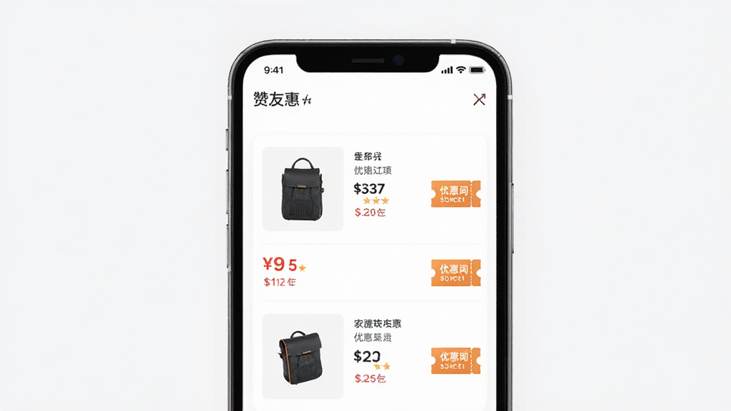 赞友惠软件界面展示,主体为手机屏幕显示购物优惠列表,布局清晰,排版整洁,风格现代简约,细节包含商品图片、价格标签和优惠券图标,画质高清,干净无多余元素