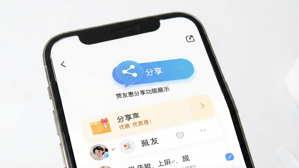 赞友惠分享功能展示,主体为手机界面显示分享按钮和好友列表,布局为上下结构,排版简洁,风格清新明亮,细节包含分享图标和优惠提示,画质清晰,干净无多余元素