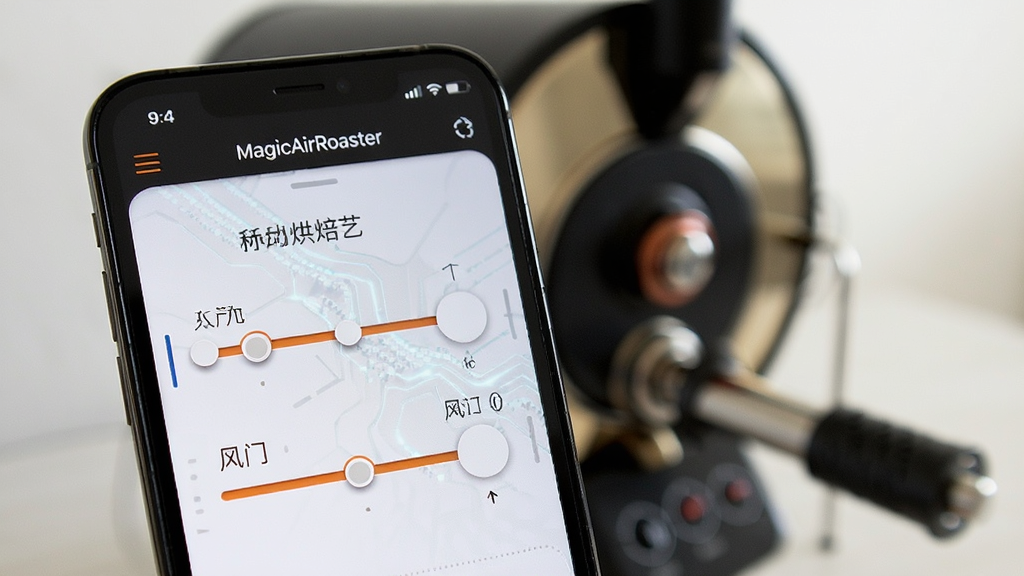 MagicAirRoaster软件操作界面特写,手机屏幕显示手动烘焙模式下的火力与风门调节滑块,背景虚化显示烘培机,布局突出手机屏幕,风格科技感,细节清晰,画质高清,干净无多余元素