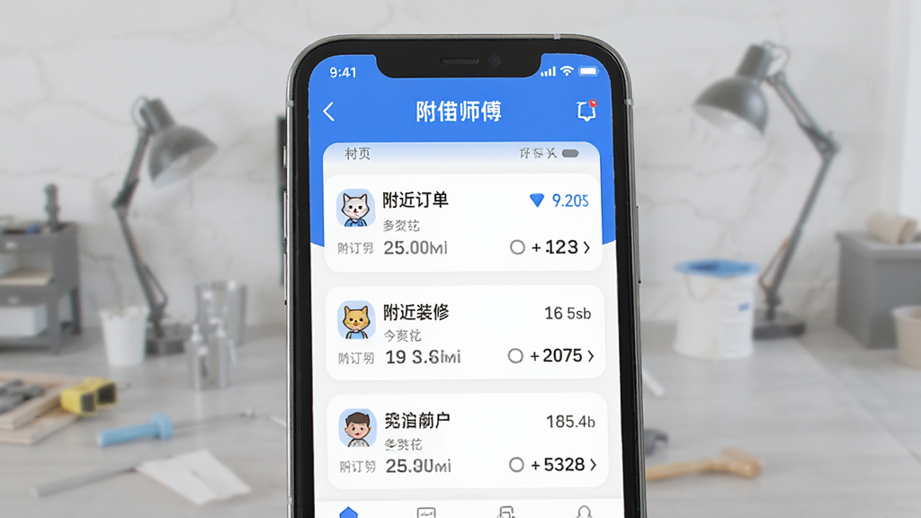 ����èʦ���ӵ���APP��ҳչʾ����װ�޶����б����ֻ���Ļ���棬�ִ���Լ�����ɫ��ɫ�����ɾ����࣬���廭��