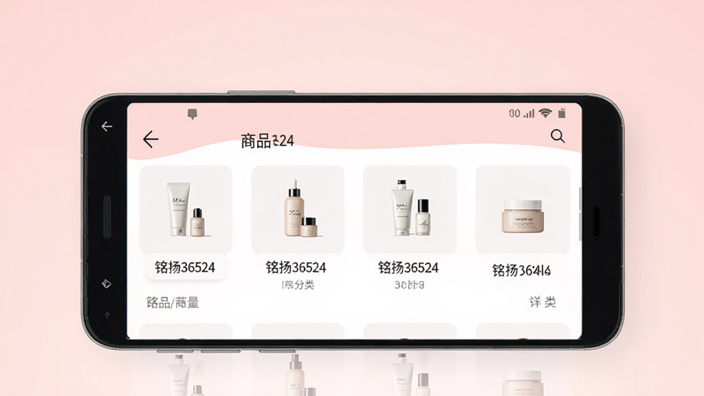 手机屏幕显示铭扬36524应用的商品分类页面,主体为一部安卓手机,布局居中,背景为浅粉色渐变,风格清新简约,细节包括护肤瓶罐图标和分类标签,画质清晰,干净,无多余元素