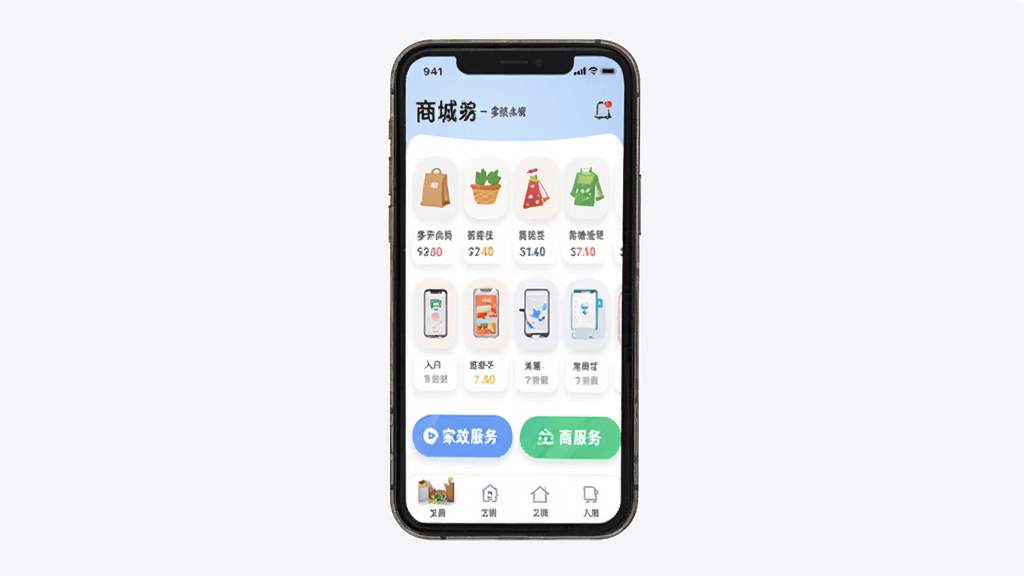 街有物APP界面展示,画面中央是手机屏幕,屏幕内显示多商户商城与家政服务入口,布局清晰,排版整洁,风格为现代扁平化设计,细节包括商品图标、服务分类按钮,画质清晰,干净,无多余元素