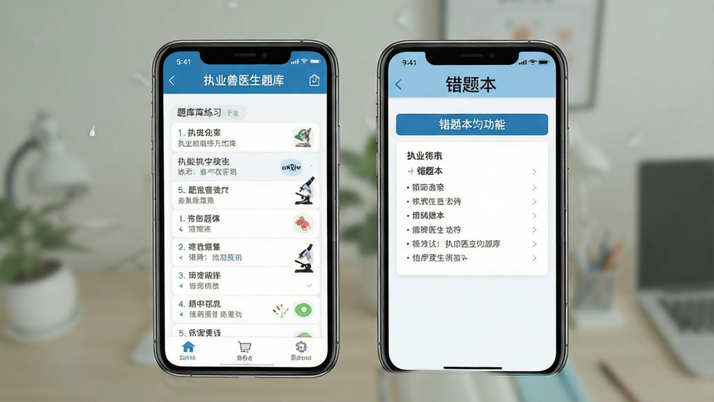 执业兽医题库网软件界面展示,手机屏幕中显示题库练习页面与错题本功能,简洁教育风格,干净排版,高清画质,无多余元素