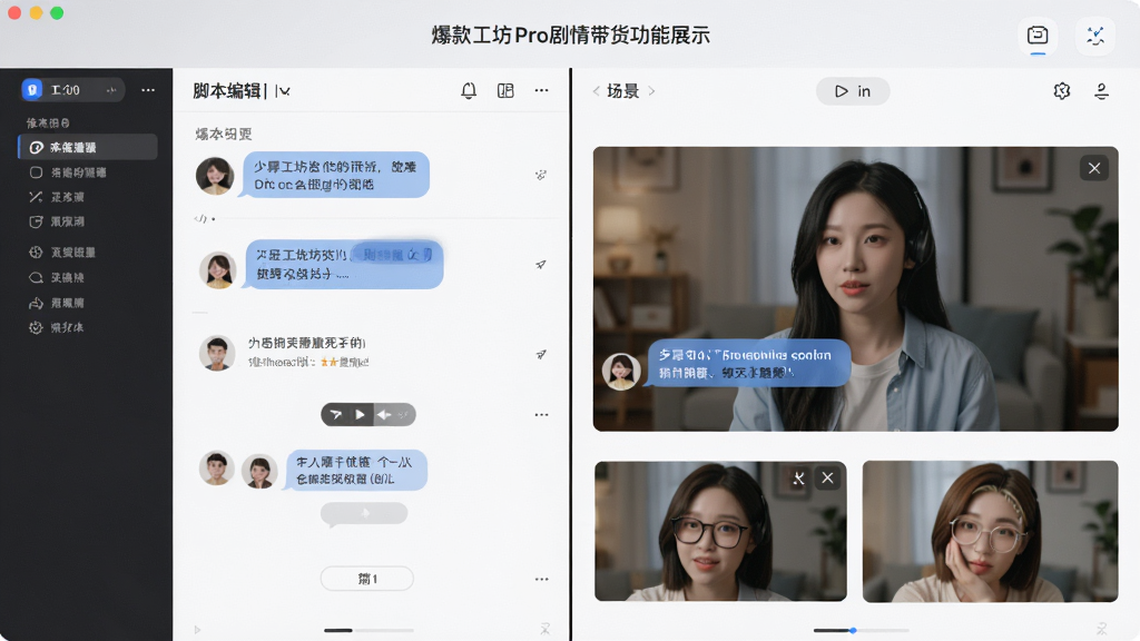 爆款工坊Pro剧情带货功能展示,主体为分屏画面左侧为脚本编辑区右侧为生成的剧情视频预览,布局左右分栏,排版清晰,风格为现代简约浅色系,细节包括角色对话气泡、场景切换按钮、产品特写镜头,画质高清,干净,无多余元素