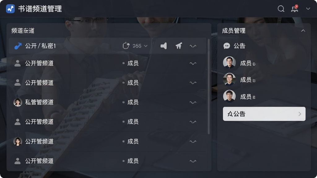 ����Ƶ���������棬����ΪƵ���б��ͳ�Ա������壬���ֲ������½ṹ���Ű��������������Ϊ��Լ����磬ϸ�ڰ�������/˽��Ƶ��ͼ�ꡢ��Աͷ���б��������������ʸ���ɾ��޶���Ԫ��