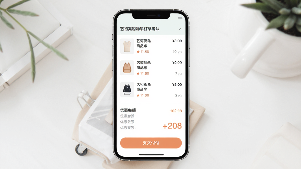 艺和美购物车结算页面,主体为手机屏幕显示订单确认界面,布局为垂直列表形式,排版整齐,风格清新浅色,细节包含商品清单、优惠金额和支付按钮,画质高清,干净,无多余元素