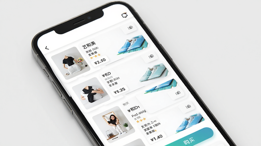 艺和美应用界面展示,主体为手机屏幕中显示电商商品列表,布局采用上下滚动结构,排版清晰整洁,风格现代简约,细节包含商品缩略图、价格标签和购买按钮,画质高清,干净,无多余元素