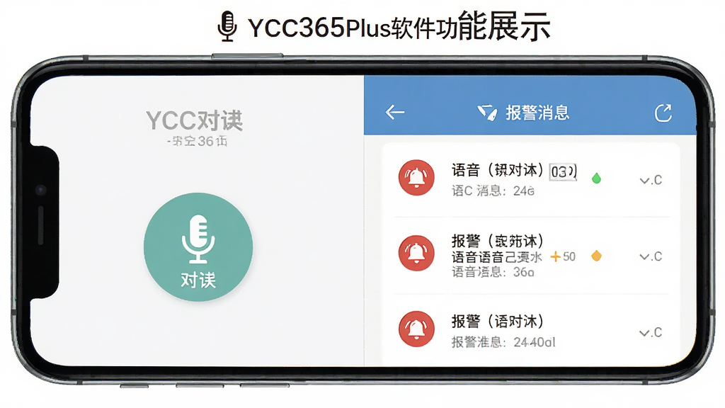 YCC365Plus��������չʾͼ������Ϊ�ֻ���Ļ����ʾ�����Խ��ͱ������ͽ��棬����Ϊ���ҷ���չʾ�Խ���ť�ͱ�����Ϣ�б����Ű����룬���Ϊ��ƽ����ƣ�ϸ�ڰ�����˷�ͼ��ͺ�ɫ���������������������ɾ����޶���Ԫ��