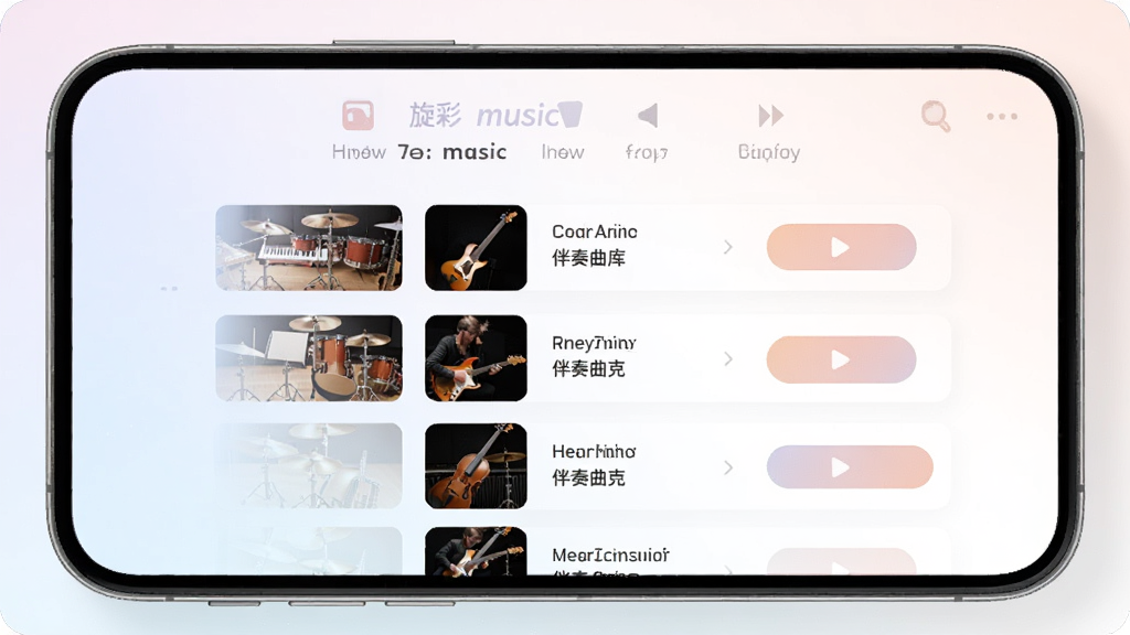 ����music App��������ҳ��չʾ�������������б��벥�Ű�ť���ֻ����棬���ɫ���������������ɾ��޶���Ԫ�أ����廭��