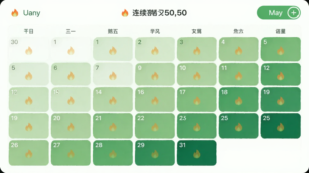 ����ѧ��APP����ͼҳ�棬����Ϊ�������񣬸�����ɫ��ǳ�̵����̽��䣬������ʾ����ѧϰ���������־��У��Ű����룬������¼�Լ��ϸ�ڰ���С����ͼ����·��л���ť�������������ɾ����޶���Ԫ��