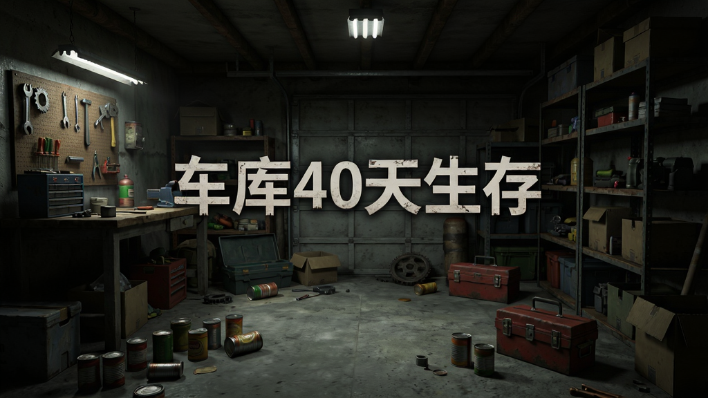 车库30天生存游戏主界面,主体是一个堆满物资的昏暗车库,布局左侧为工作台右侧为储物架,排版居中展示游戏标题“车库30天生存”,风格写实末日生存,细节包括散落的零件、罐头、工具箱,画质高清,干净,无多余元素