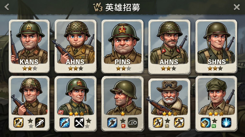 World War 2 Heroes Army WW2 Battlefield Game Ӣ����ļ���棬����Ϊ��λ��սӢ�۽�ɫ���棬����Ϊ�������У��Ű���ÿ�Ƭʽչʾ�����ΪQ�濨ͨ��дʵ��ϣ�ϸ�ڰ���Ӣ�����ơ��Ǽ�������ͼ�꣬���ʸ��壬�ɾ����޶���Ԫ��