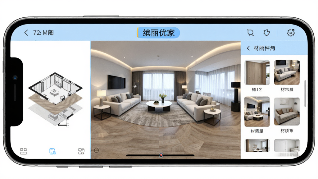 �ֻ���Ļ��ʾ�����ż�App��ȫ��Ч��ͼ��ƽ��棬����������һ���ִ���Լ���Ŀ���720��ȫ��Ԥ��ͼ�����Ϊ����ͼ�㣬�Ҳ�Ϊ������Ҿ�ѡ����壬���岼�������������԰�ɫ��ǳ��ɫΪ��ɫ���������רҵ��ϸ�ڰ���ɳ�����輸���ذ�������ƹ�Ч�������ʸ��壬�ɾ����޶���Ԫ��