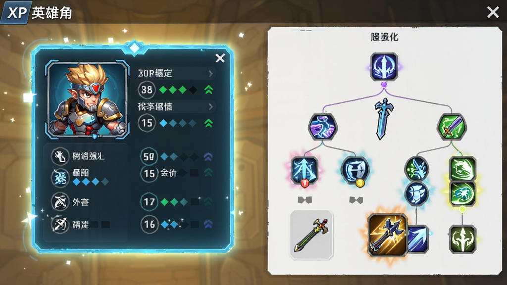 XP英雄角色升级界面,主体为发光角色属性面板与武器强化槽,布局采用左右分栏设计,排版清晰展示技能树,风格为科技感UI界面,细节包含数值变化箭头与稀有度光效,画质清晰,干净,无多余元素
