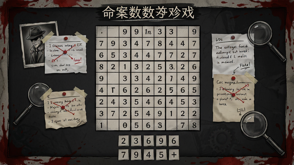 命案数独游戏界面,主体为9x9数独棋盘,棋盘边缘有案件线索笔记,布局采用暗色调手绘风格,排版上方为案件标题下方为数字键盘,风格为悬疑侦探风,细节包括血迹纹理的边框和放大镜图标,画质高清干净无多余元素
