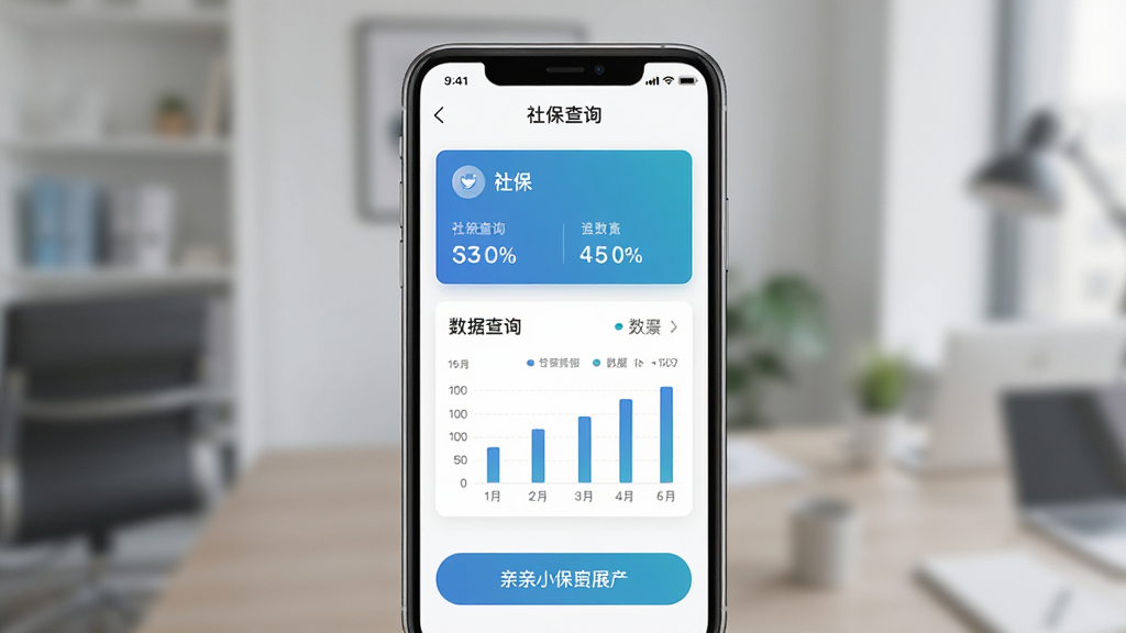 亲亲小保APP界面展示,主体为手机屏幕显示社保查询页面,布局居中,排版简洁,风格商务清新,细节包括社保卡片、数据图表、功能按钮,画质清晰,干净,无多余元素